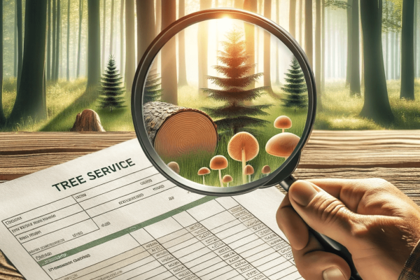 Magnifying glass over tree service invoice with forest background