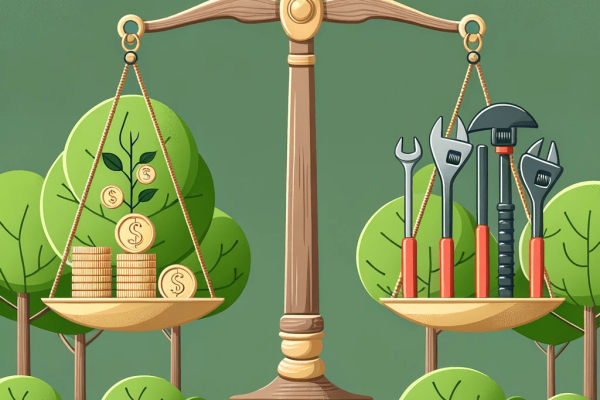 Balanced scale with coins and tree service tools against a lush green tree backdrop